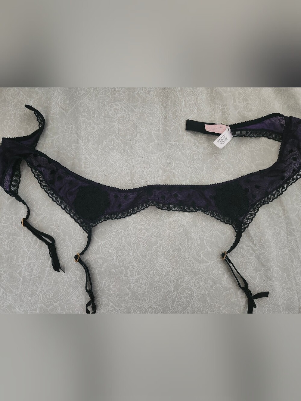Rare Victoria's Secret Very Sexy Purple Sheer Black Polka-dot Embroidered Garter